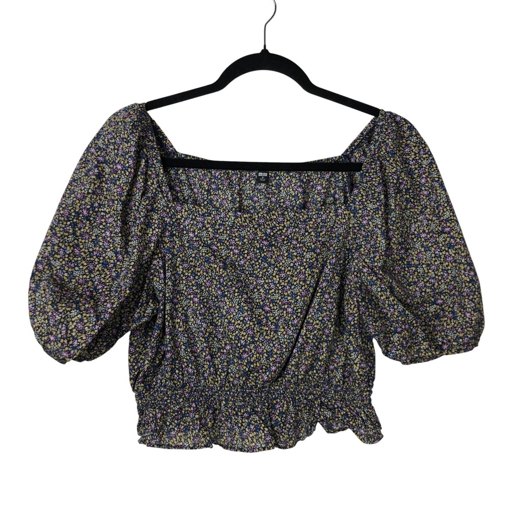 Uniqlo Womens Floral‎ Puff Sleeve Blouse Size M Cottagecore Romantic Date Night